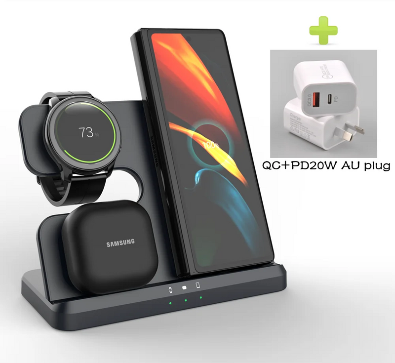 Carregador 3 em 1
Estação de carregamento sem fio para Samsung 3 em 1 Carregador para Galaxy Watch 6/5/4/3/Active S23 Ultra Note20 Z Flip 5 Fold Galaxy Buds