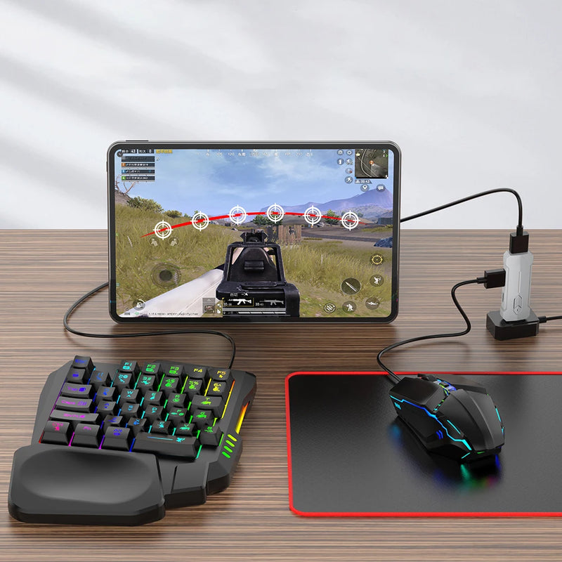 5 em 1 Conversor de jogos para celular Teclado Mouse Conjunto de jogos para PUBG Teclado com fio RGB retroiluminado com apoio de pulso para sistema Android.