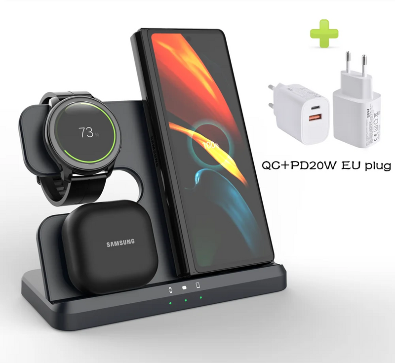 Carregador 3 em 1
Estação de carregamento sem fio para Samsung 3 em 1 Carregador para Galaxy Watch 6/5/4/3/Active S23 Ultra Note20 Z Flip 5 Fold Galaxy Buds