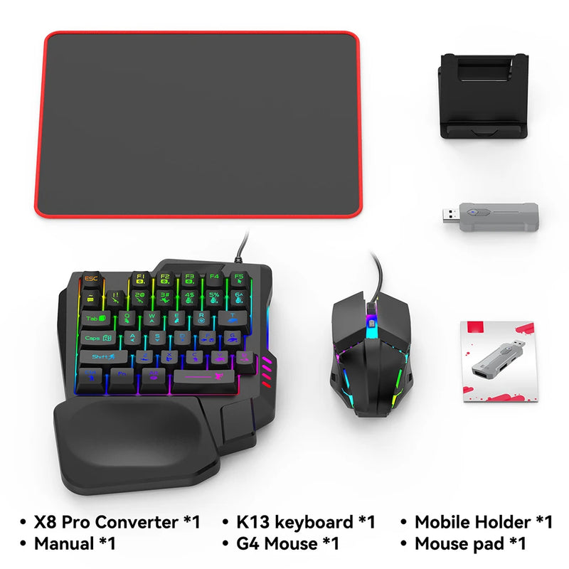 5 em 1 Conversor de jogos para celular Teclado Mouse Conjunto de jogos para PUBG Teclado com fio RGB retroiluminado com apoio de pulso para sistema Android.