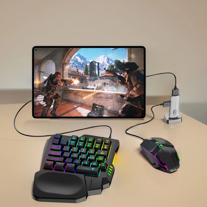 5 em 1 Conversor de jogos para celular Teclado Mouse Conjunto de jogos para PUBG Teclado com fio RGB retroiluminado com apoio de pulso para sistema Android.