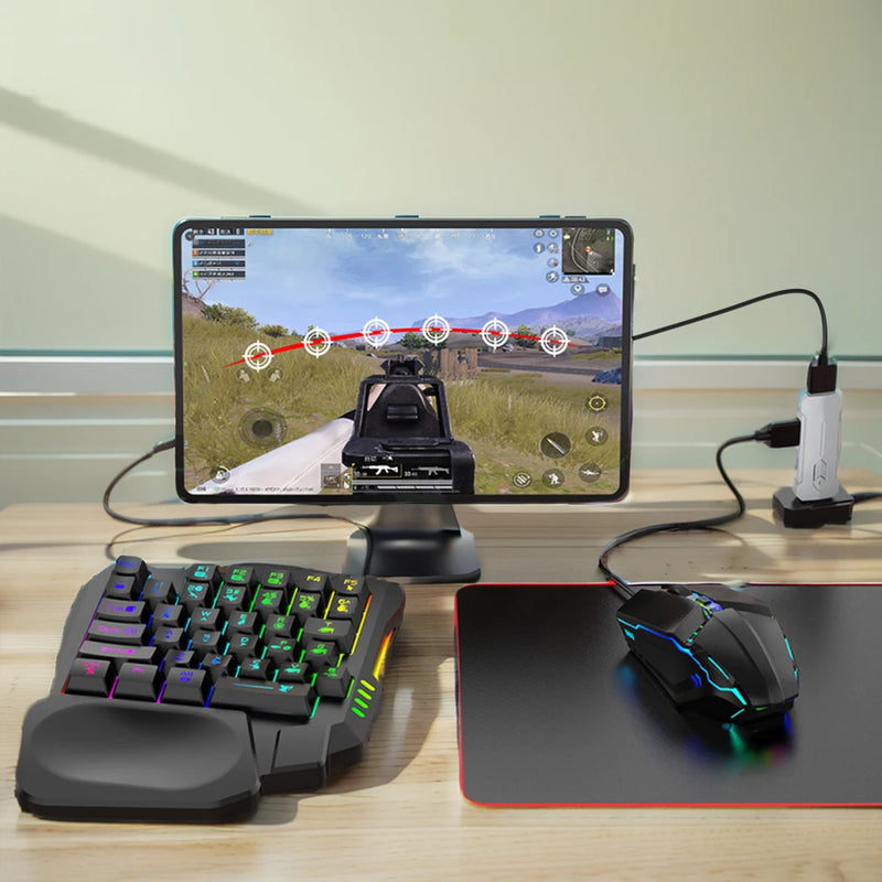 5 em 1 Conversor de jogos para celular Teclado Mouse Conjunto de jogos para PUBG Teclado com fio RGB retroiluminado com apoio de pulso para sistema Android.